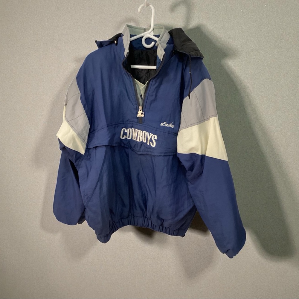 STARTER Blue and Gray Men’s Puffer Pullover Jacket with Hood, Cowboy NFL